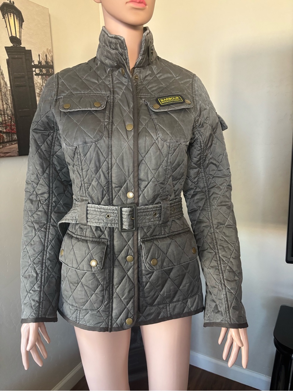 Barbour Quilted Utility Jacket in Slate Gray Green with Belt